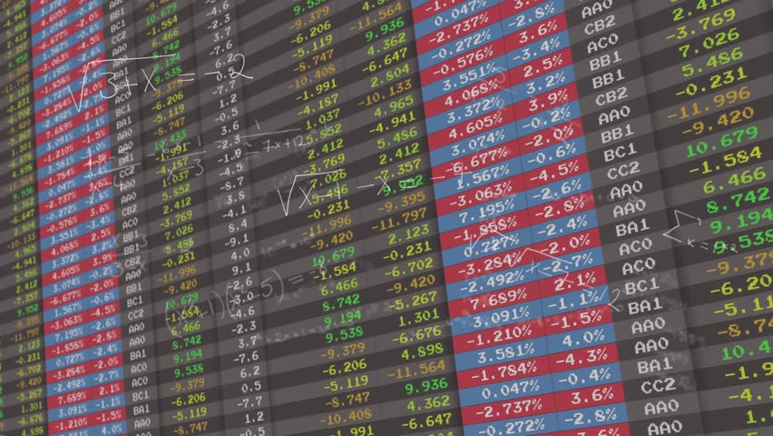 Full-frame data board showing color columns initiating overlaying white math overlays for analysis. Finance, analytics, data visualization, chart, market, investment, technology - Powered by Shutterstock - Get 15% off with code: PIKWIZARD15