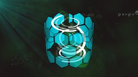 Opening grid, turquoise hexagon cylinder spinning rings and pulsing sphere visualizing data. Futuristic, data visualization, digital art, science, technology, abstract, 3d rendering - Powered by Shutterstock - Get 15% off with code: PIKWIZARD15