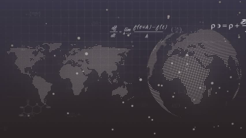 Derivative formula fading overlays world map curved line arcing over globe and percentages updating. Data visualization, scientific graphics, futuristic, technology, analytics, digital, educational - Powered by Shutterstock - Get 15% off with code: PIKWIZARD15