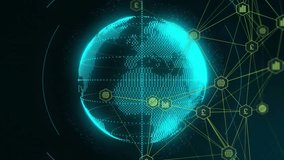 dark starfield starting cyan globe emergence with spiraling rings and pulsing nodes showing finance. Technology, innovation, connectivity, data, digital, futurism, analytics - Powered by Shutterstock - Get 15% off with code: PIKWIZARD15