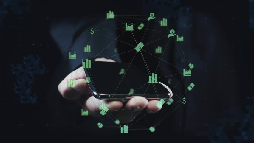 Man holding smartphone and displaying expanding finance network with user, dollar and target icons. Technology, data visualization, digital network, cybersecurity, financial analytics, innovation, - Powered by Shutterstock - Get 15% off with code: PIKWIZARD15