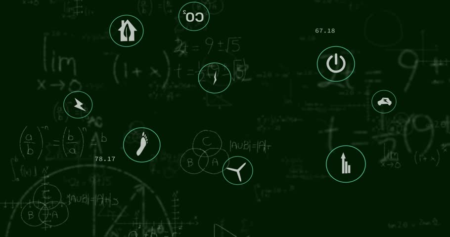 On scene loading, data icons and values drifting outward on chalkboard showing energy distribution. Sustainability, analytics, visualization, innovation, technology, environment, infographic