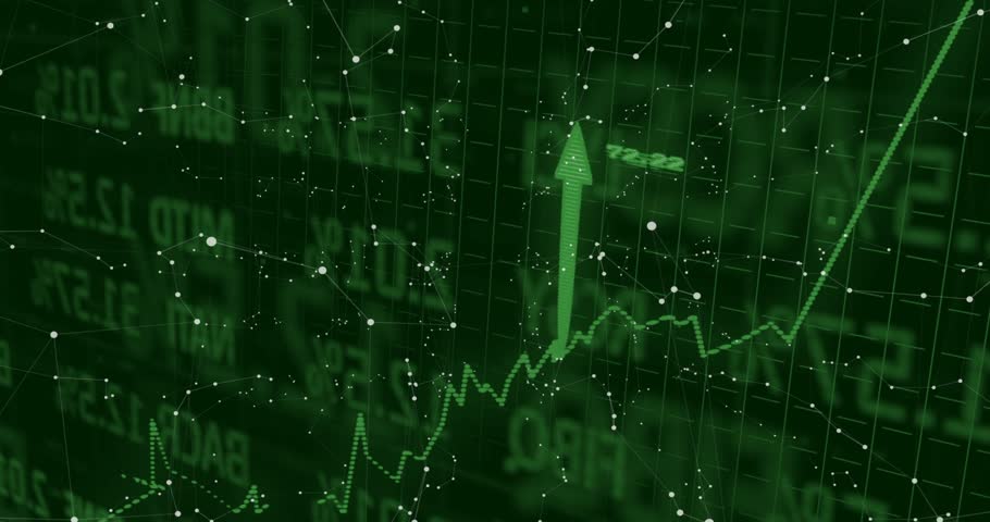 Starting green grid nodes floating panels sliding labels updating arrow rising visualizing growth. Technology, data, analytics, digital, innovation, visualization, progress
