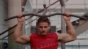 fitness enthusiast grabbing pulldown bar and pulling chestward, syncing animated performance graphs. Strength training, muscular, gym equipment, workout, performance analytics, modern fitness, - Powered by Shutterstock - Get 15% off with code: PIKWIZARD15