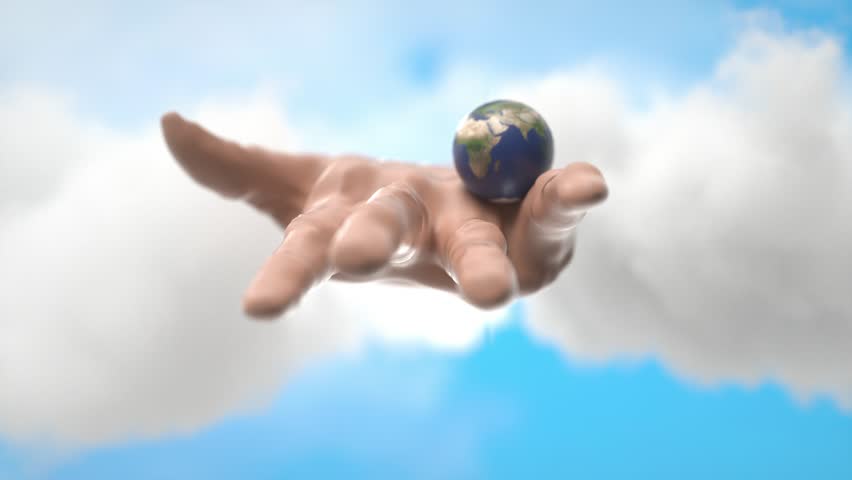 Giant Hand Reaches from Fluffy Clouds Holding Small Earth, Symbolizing Care and Protection for Planet in Serene Blue Sky, Emphasizing Global Connection, Environment, and Nature