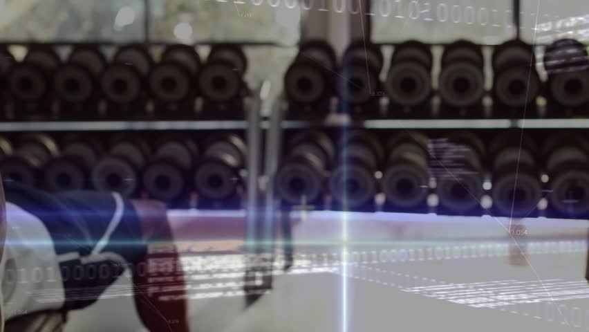 Fitness enthusiast gripping dumbbells and pressing while animated data graphs tracking strength. Strength, bodybuilding, workout, training, resistance, sport, fitness