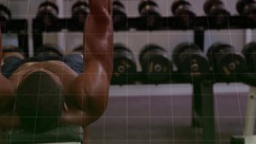 Male lifter gripping dumbbells and bench pressing in gym with transparent graph showing metrics. Strength, fitness, training, physique, performance, muscular, gym - Powered by Shutterstock - Get 15% off with code: PIKWIZARD15