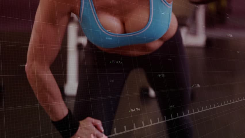 Woman gripping gym bench dumbbell rowing single arm with gridlines and red curve tracking motion. Strength, fitness, workout, training, performance, athlete, motion