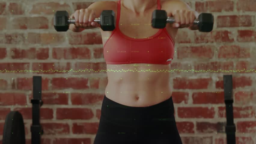 Female initiating front raise in gym lifting dumbbells engaging core as waveform tracking movement. Fitness, strength, exercise, training, wellness, determination, movement
