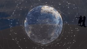 Globe materializing across barren plain driving couple walking through digital mesh exploring tech. Futuristic, innovation, data, connectivity, exploration, minimalism, technology - Powered by Shutterstock - Get 15% off with code: PIKWIZARD15