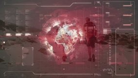 At start globe overlay appearing with hiking couple walking through scanning tech as globe rotating. Technology, innovation, exploration, adventure, digital, futuristic, navigation - Powered by Shutterstock - Get 15% off with code: PIKWIZARD15