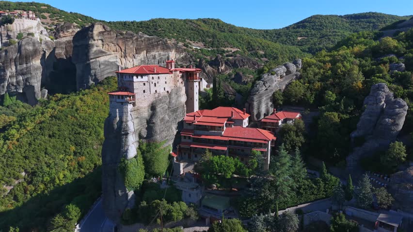 Aerial View of Meteora Monasteries Perched on Towering Rock Formations