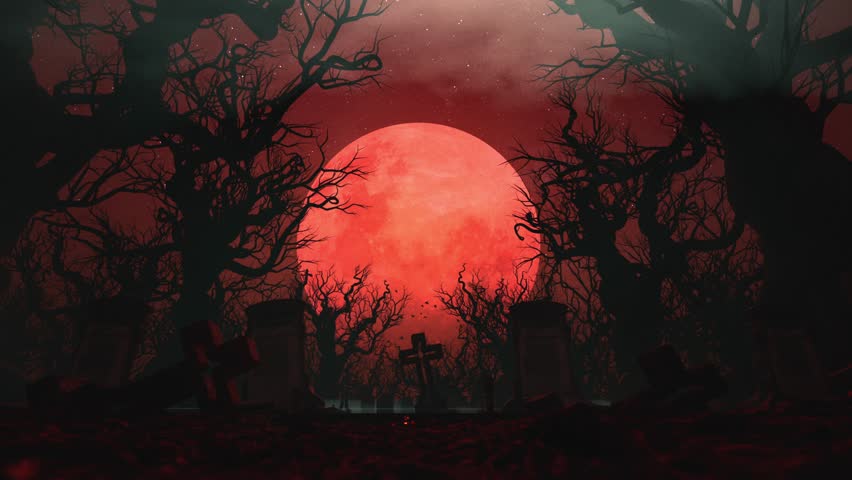 Spooky Graveyard And Dark Forest Silhouetted By A Massive Red Blood Moon