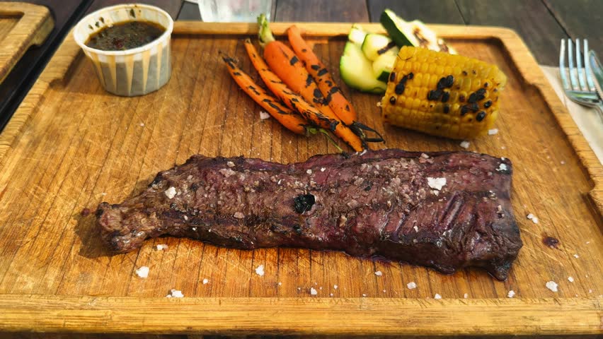 Skirt steak with grilled vegetables, corn, carrots and zucchini with sauce chimichurri.