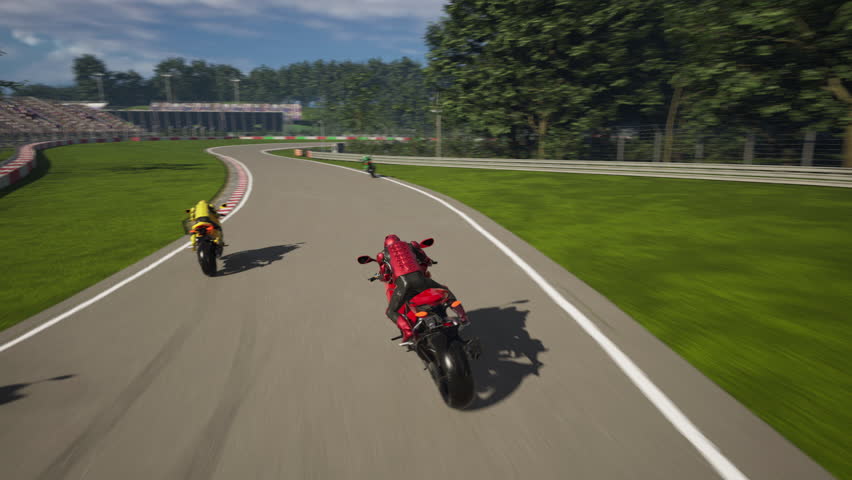 Riding a fast motorcycle in a virtual racing bike simulator computer game. Rider controlling a quick moto in the virtual game challenge. Rider losing a mission in a virtual fun game.