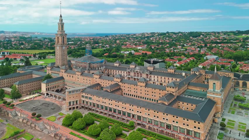 Aerial view of La Laboral City of Culture in Gijon, Asturias, northern Spain. The monumental former Technical College, built in 1948, now serves as a modern cultural center in Asturias.
