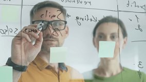 Business professionals brainstorming near glass board, using sticky notes for strategic planning, writing calculations, sharing innovative ideas during collaborative work session - Powered by Shutterstock - Get 15% off with code: PIKWIZARD15