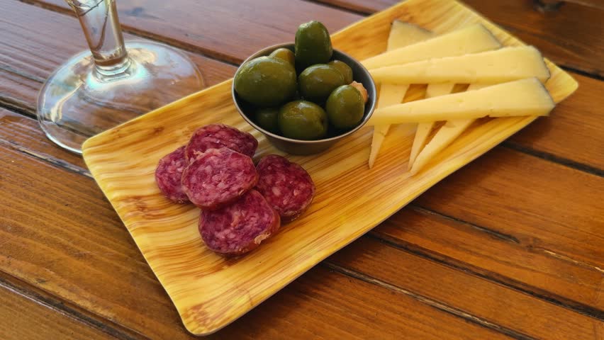 Wooden plate with a set of snacks for beer or wine Spanish sausage fuet, pieces of cheese, and green olives.