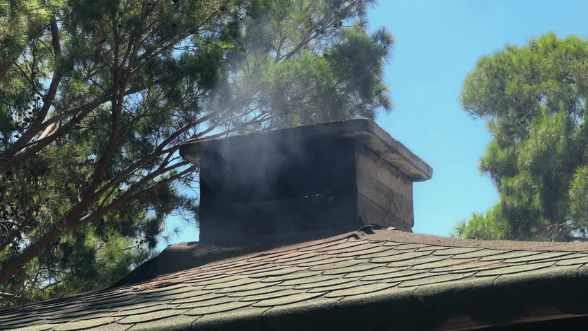 Smoke comes from the chimney with a tiled roof on sky and tree background.