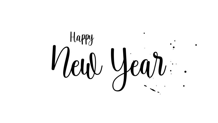 Elegant black calligraphy Happy New Year with playful ink splatters on a clean white background, perfect for festive cards and banners. 4K video
