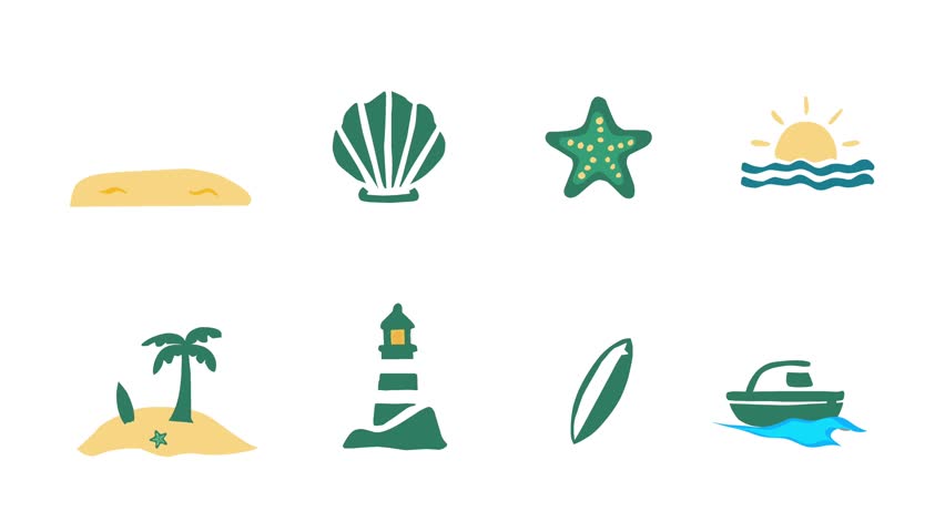 Cartoon animation set of beach elements including sea, sun, umbrella, island, and waves.