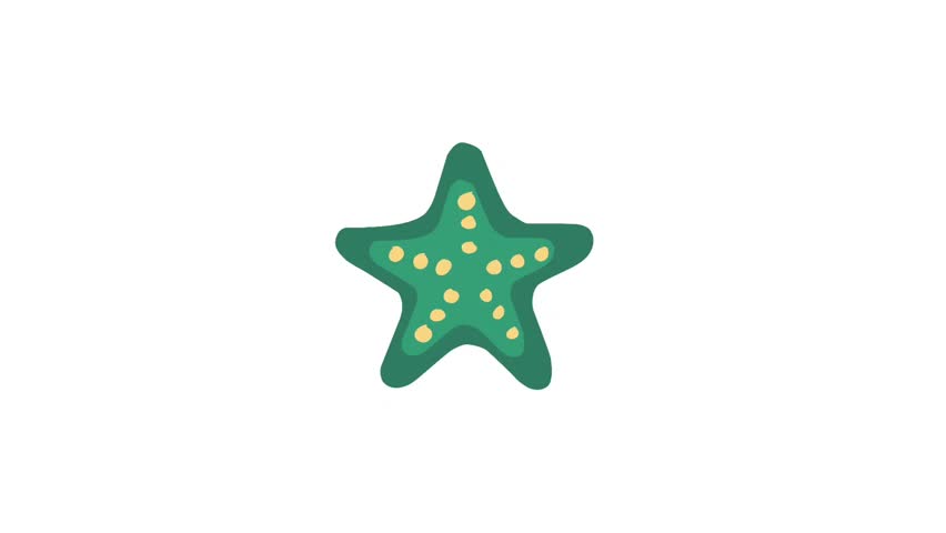 Cartoon animation of orange seastar on sandy beach with ocean waves and tropical seaside view.