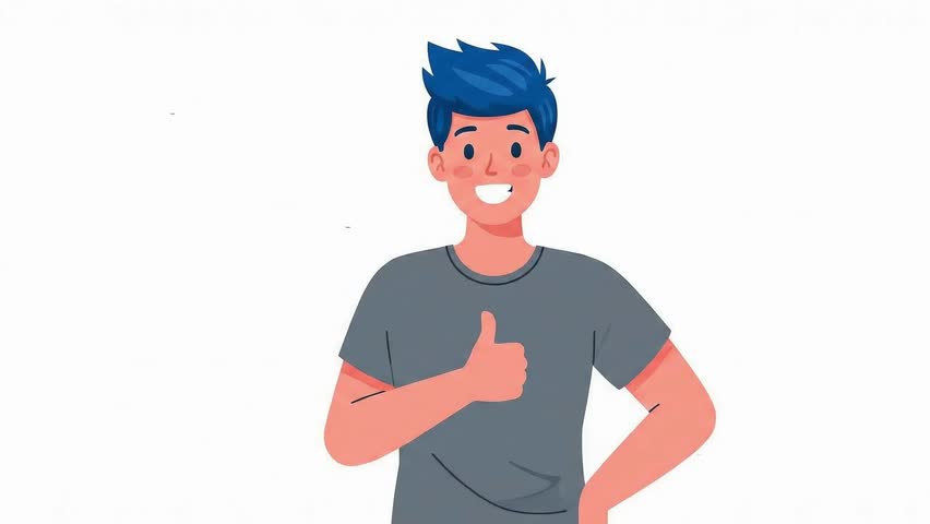 A clean, flat 2D animation of an encouraging character with spiky blue hair and a bright smile. They confidently give a thumbs-up that smoothly loops, perfect for conveying positivity, approval