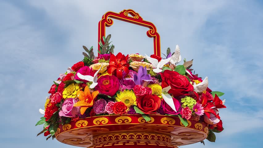 Beijing, China - 25th September 2025 - Giant flower basket at Beijing Tiananmen Square for national day celebration