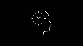 Looped animation of human head silhouette with clock inside symbolizing time management, thinking process, psychology, mindfulness, deadline and productivity on transparent background, alpha channel - Powered by Shutterstock - Get 15% off with code: PIKWIZARD15