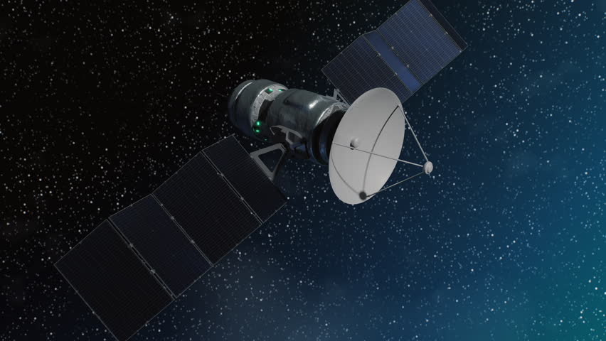 Space satellite animation showing the deployment of solar panels under a starry sky with sun reflections.