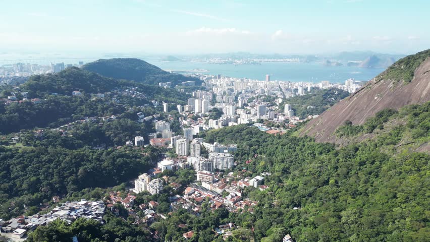 View of the city landscape of Rio De Janeiro, Brazil from the highlands of Pico da Tijuca.