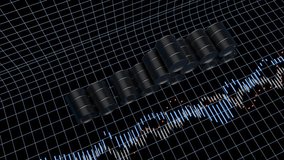 Black steel barrels for crude oil, stock market charts and statistics on blue backdrop.. - Powered by Shutterstock - Get 15% off with code: PIKWIZARD15