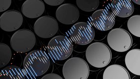Black steel barrels for crude oil, stock market charts and statistics on blue backdrop.. - Powered by Shutterstock - Get 15% off with code: PIKWIZARD15