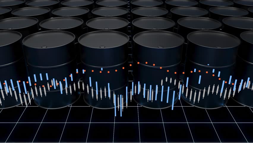 Industrial oil storage barrels with financial graphs and data visualization behind..