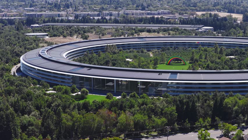 Panoramic aerial view of the Apple Park office located in Silicon Valley, South San Francisco Bay Area in Cupertino, USA. Corporate headquarters of Apple Inc.