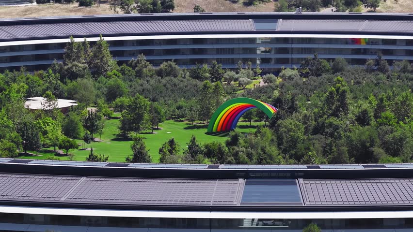 Panoramic aerial view of the Apple Park office located in Silicon Valley, South San Francisco Bay Area in Cupertino, USA. Corporate headquarters of Apple Inc.
