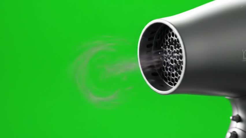 Professional hair dryer blowing air for styling and beauty on vibrant green screen, perfect for hair care product demos and salon promotions