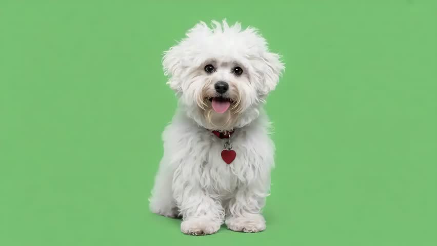 A professional studio photograph of a Bichon Frise dog against a solid green background. The dog has pure white, fluffy fur with a round, compact body shape characteristic of the breed