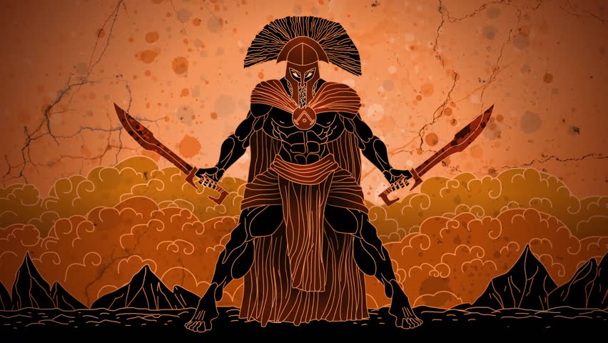 ares god of war on battlefield with falcata swords and arrows