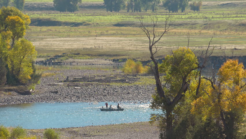 Anglers in Autumn Light Float by Golden Willow Trees in Montana