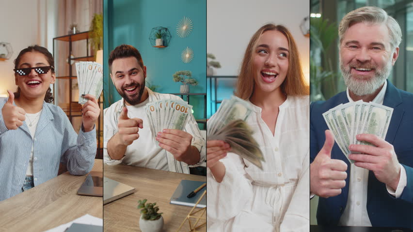 Collage of happy rich people men women counting money dollar cash banknotes with pleased expression. Feeling joy about funds for shared financial goals. Celebrate success career salary wealth income