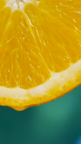 Orange slices on green background. Fresh juicy flesh with vivid texture. Drops of juice accent flavor. Healthy fruit for snack, natural vitamin source, tropical freshness, organic nutrition