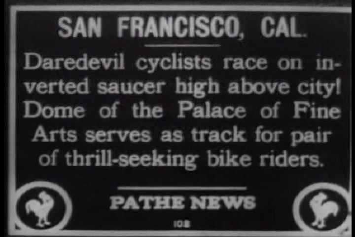 1910s - Daredevil cyclists race on an inverted saucer above the city of San Francisco in this 1918 stunt.