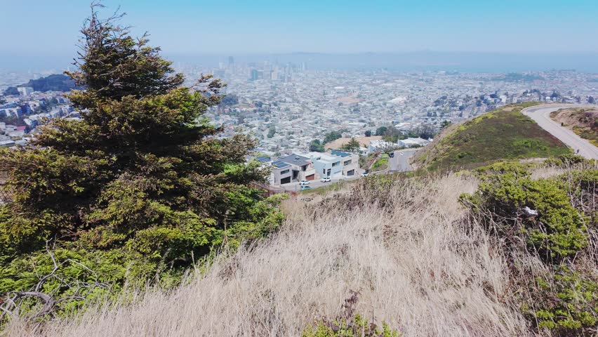 Panoramic view of San Francisco skyline from Twin Peaks, California, USA. Winding road, residential houses and downtown skyscrapers visible on a clear summer day
