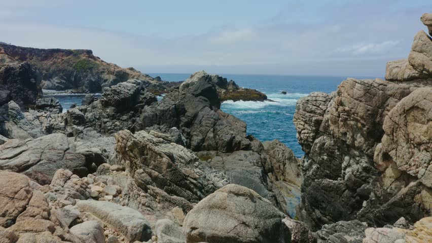 Big Sur California USA video footage of rugged Pacific coastline along Highway 1 with dramatic rocky cliffs, crashing ocean waves, and scenic seascape view of the wild California coast