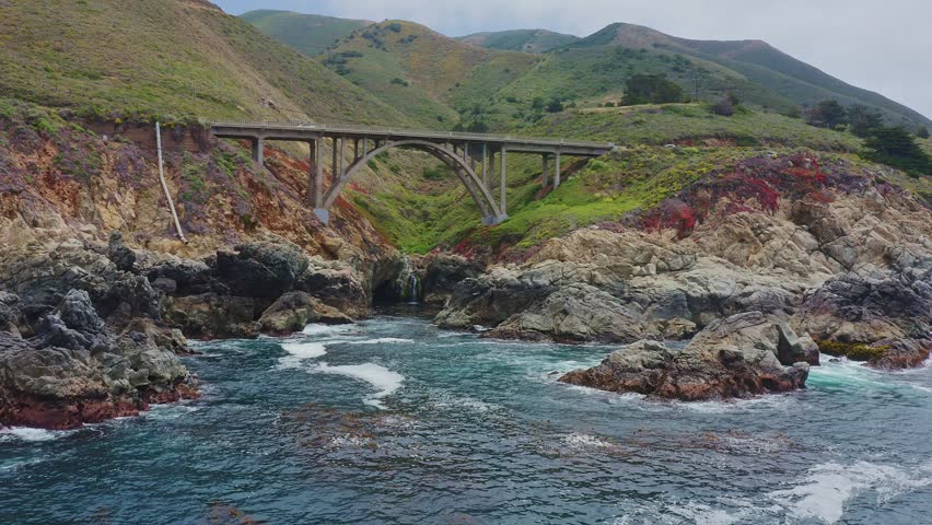 Big Sur California USA video footage of rugged Pacific coastline along Highway 1 with dramatic rocky cliffs, crashing ocean waves, and scenic seascape view of the wild California coast