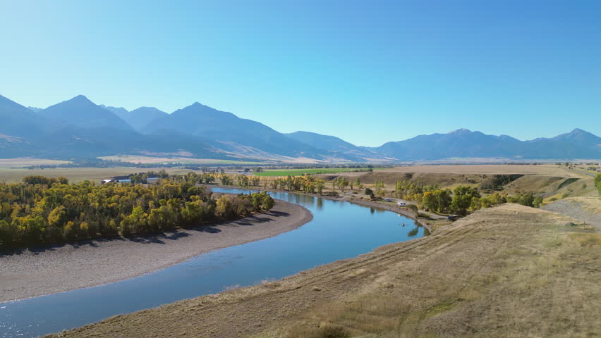 Drone View over Yellowstone River in Autumn Morning Light