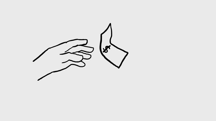 2d Animation cartoon drawing of a human hand trying to catch or catching a flying floating dollar bill money legal tender bank note on white, black and green screen in 4k ultra-high-definition.