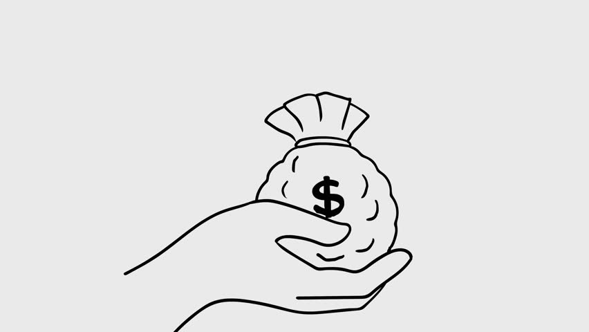 2d Animation cartoon character of a hand tossing, throwing, flipping, catching a bag of money coins dollars on white, black and green screen in 4k ultra-high-definition.