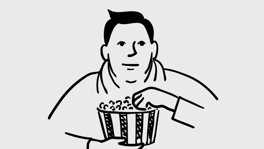 2d Animation cartoon character of a fat male man eating a bucket of popcorn front view on white, black and green screen in 4k ultra-high-definition.